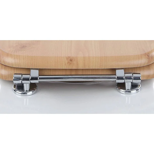 Euroshowers Oak MDF Toilet Seat With Chrome Bar Hinges 3 Euroshowers Oak MDF Toilet Seat With Chrome Bar Hinges