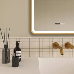 Arezzo Brushed Brass 600 X 800mm Rectangular LED Illuminated Anti-Fog Bathroom Mirror With Time Display -Bathroom Discount Store arzim02bb d1