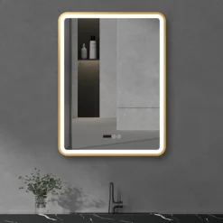 Arezzo Brushed Brass 600 X 800mm Rectangular LED Illuminated Anti-Fog Bathroom Mirror With Time Display -Bathroom Discount Store arzim02bb d3