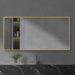 Arezzo Brushed Brass Square Edge Framed Bathroom Mirror - 1400 X 500mm -Bathroom Discount Store az147bb d2