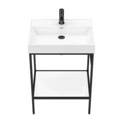 Arezzo 600 Matt Black Framed Washstand With Gloss White Open Shelf And Basin -Bathroom Discount Store az6bfpm n d4