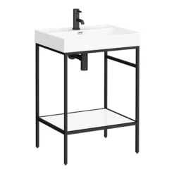 Arezzo 600 Matt Black Framed Washstand With Gloss White Open Shelf And Basin -Bathroom Discount Store az6bfpmnwd1