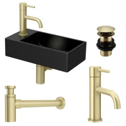 Arezzo 410 X 210 Square Wall Hung Basin With Tap Package (Matt Black - Brushed Brass) -Bathroom Discount Store az948dbpknd1