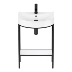 Arezzo D Shaped Curved Matt Black Washstand With Gloss White Open Shelf And Basin -Bathroom Discount Store azb222ws d1