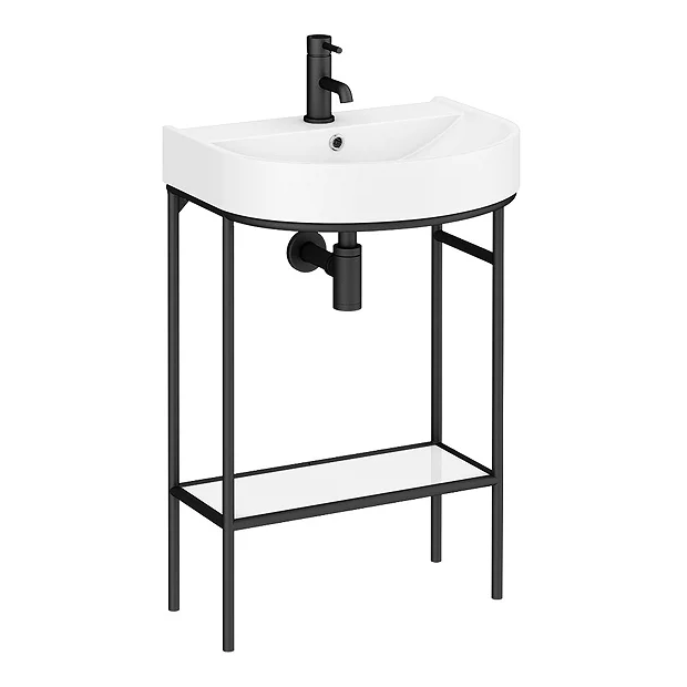 Arezzo D Shaped Curved Matt Black Washstand With Gloss White Open Shelf And Basin 6 Arezzo D Shaped Curved Matt Black Washstand With Gloss White Open Shelf And Basin - Image 4