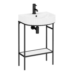 Arezzo D Shaped Matt Black Washstand With Gloss White Open Shelf And Fluted Basin -Bathroom Discount Store azb223ws d3