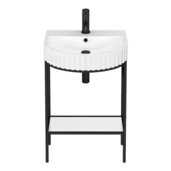 Arezzo D Shaped Matt Black Washstand With Gloss White Open Shelf And Fluted Basin -Bathroom Discount Store azb223wsd1