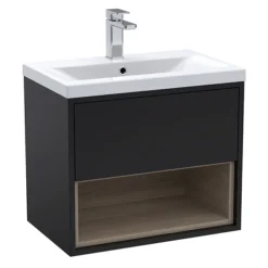 Arezzo Senza 600mm Matt Black / Vicenza Oak Wall Hung Vanity Unit With Open Shelf + Ceramic Basin -Bathroom Discount Store azblavo6d2