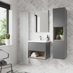 Arezzo Senza 1400mm Matt Grey / Vicenza Oak Wall Hung Tall Unit