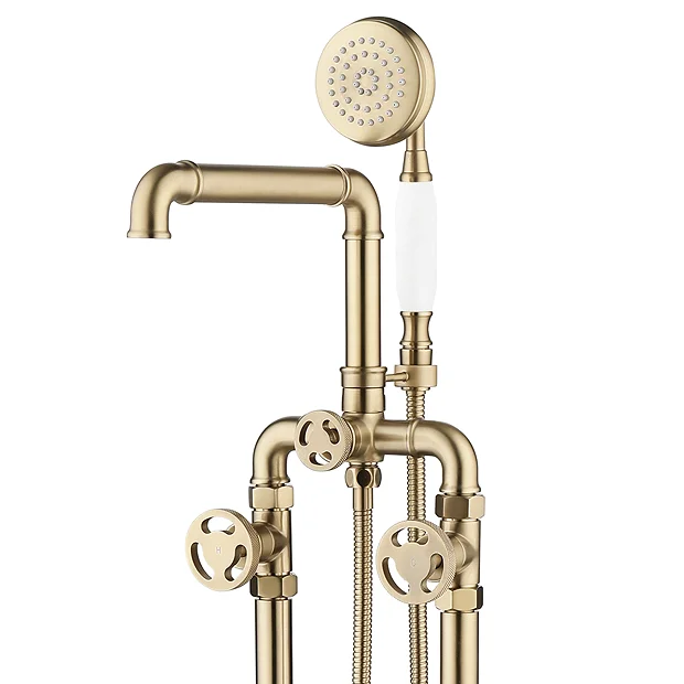 Arezzo Brushed Brass Industrial Style Freestanding Bath Shower Mixer Tap 8 Arezzo Brushed Brass Industrial Style Freestanding Bath Shower Mixer Tap - Image 6