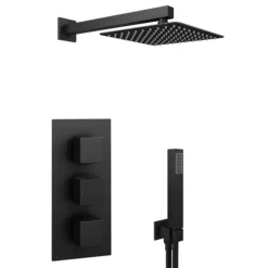 Arezzo Matt Black Square Triple Thermostatic Shower Pack With Head + Handset -Bathroom Discount Store sq3blkpk nw d2